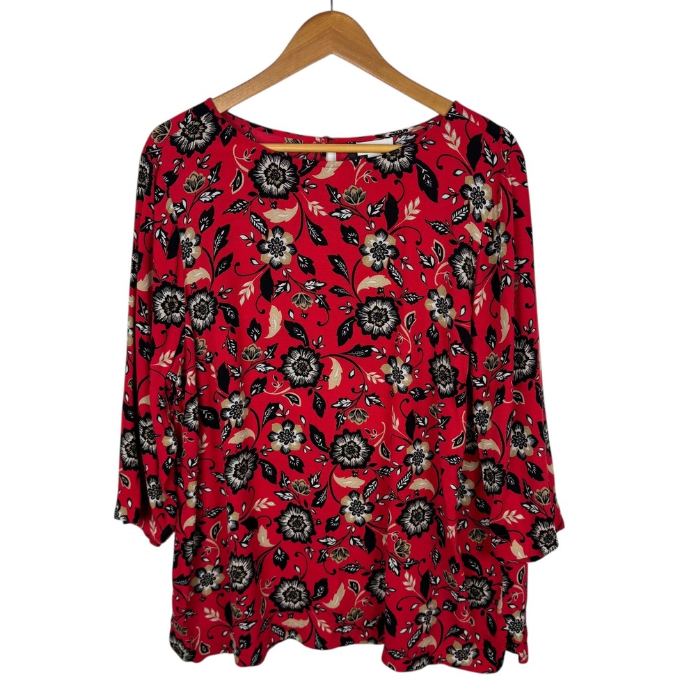 J Jill Womens Floral Print Blouse Sz XL Red 3/4 Sleeve Tunic Colorful Boho Flowy